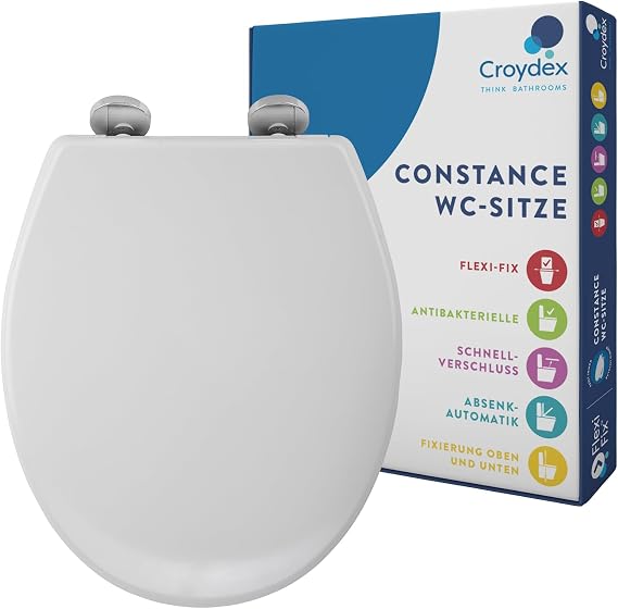 Croydex Flexi-Fix Constance Always FITS Never Slips Slow Close Toilet Seat White 43 x 38 x 5 cm