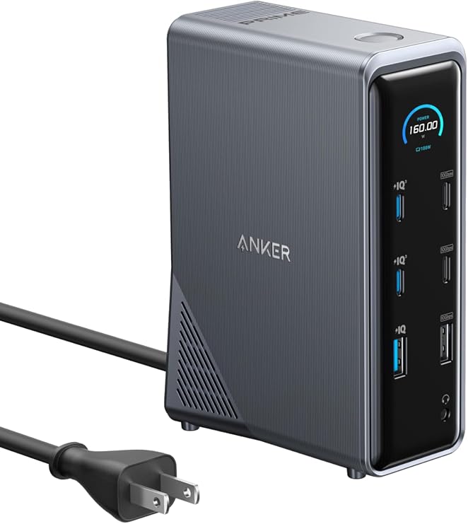 Anker Prime Docking Station 14-in-1, Dual Display, 160W USB-C Upstream Port with USB PD Up to 100W Output with Built-in GaN AC-DC Power Supply, 10Gbps High Speed Data Transfer, 4K 60Hz, HDMI 2.0