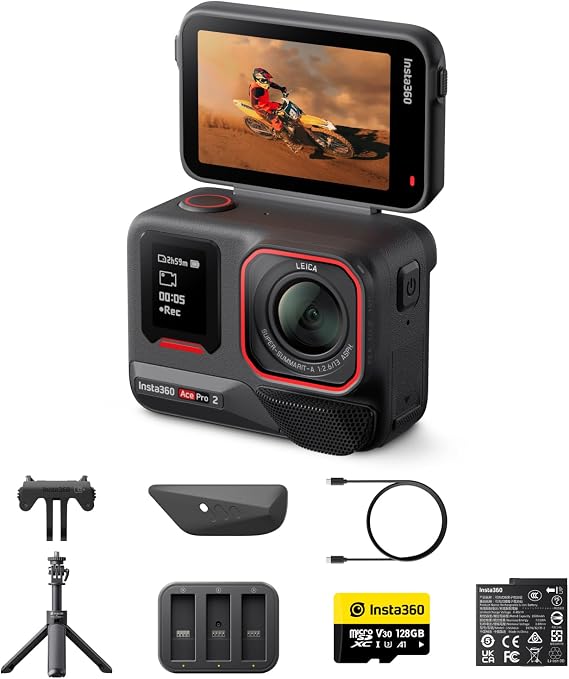 Insta360 Ace Pro 2 Creator Bundle - 8K Waterproof Action Camera Co-Engineered with Leica, 1/1.3" Sensor, Dual AI Chip, Leading Low Light, Superior Audio, Flip Screen & AI Editing for Vlogs