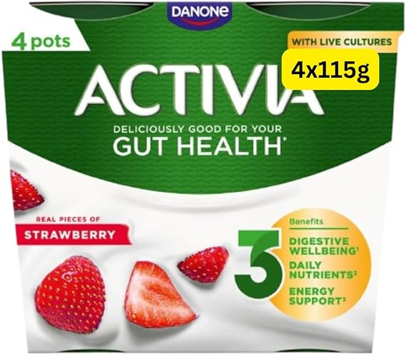 Gut Health Yoghurt Activias Multipacks Rhubarb, Strawberry, Vanilla and Blueberry 4x115g (Strawberry 4x115g)