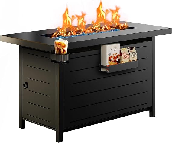 Ciays 43 Fire Pit Table with Glass Beads & Lid, CSA-Certified Gas Fire Pit with Cup Holders, Hanging Shelf & Nylon Cover, Large Outdoor Fire Pit for Patio/Porch/Deck, 60,000 BTU Heat Output, CIFPT9B