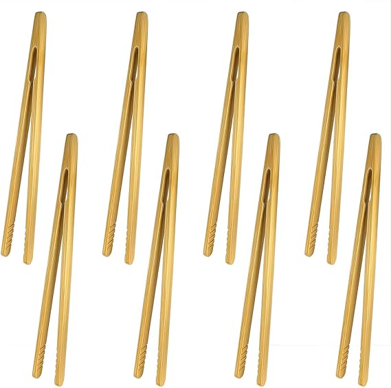 8 Pcs Bamboo Tongs for Toaster, Wooden Toaster Tongs, 7 Inches Mini Wood Cooking Tongs, Reusable Bamboo Toast Tongs, Anti-slip Bamboo Serving Tongs for Salad Toast Bread Fruits Pickles BBQ