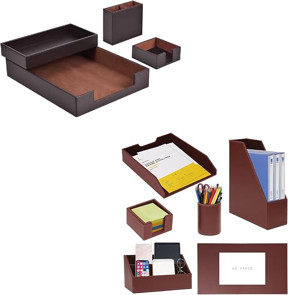 6 Piece Office Supplies and 4 Pack Leather Office Supplies Combination Matching Desk Organizer Set Workspace Decor for Women Men (Brown)