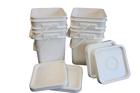 Ropak USA 4 Gallons Food Grade White Square Plastic Bucket with Handle & Lid - Set of 4