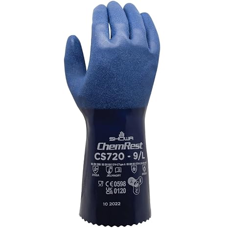 SHOWA CS720 Double Coated Nitrile Chemical Resistant Safety Gloves with Poly Liner, Food Safe, 12" Length, X-Large (12 Pair)