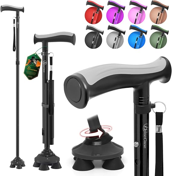 BeneCane Walking Cane for Men & Women Walking Stick for Seniors Folding Canes Quad Cane Adjustable Lightweight Sturdy Free Standing Collapsible Heavy Duty with Soft TPR T-Handle and Travel Bag