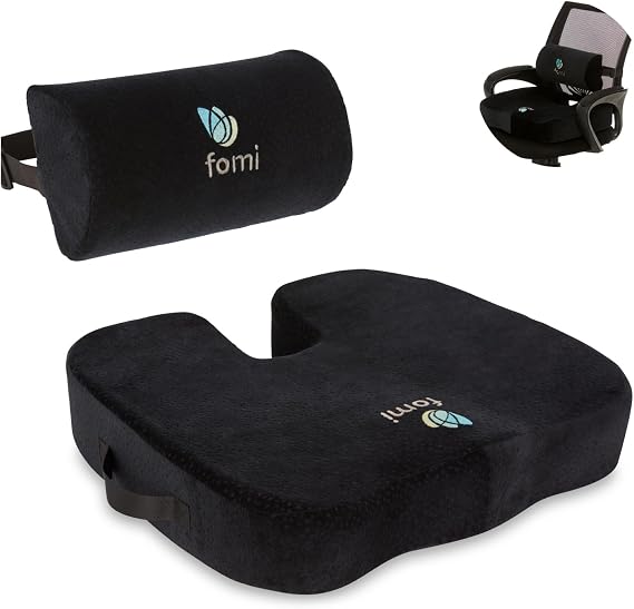 FOMI Extra Thick Coccyx Seat Cushion and Back Support Combo | Large Memory Foam Seat Pad and Lumbar Pillow for Car, Office, Gaming Chair, Wheelchair | Sciatica, Tailbone Pain Relief