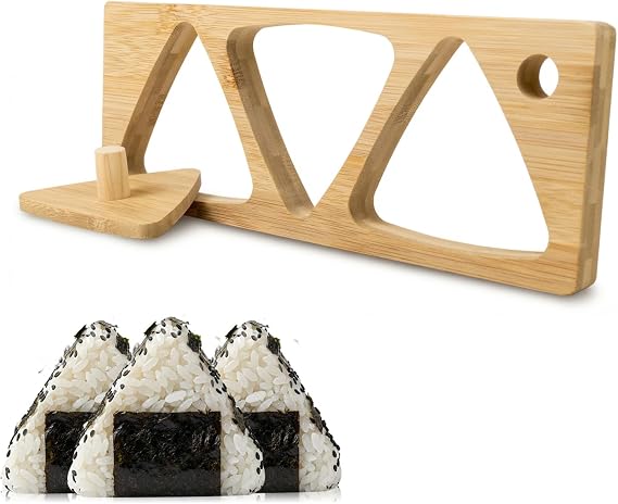 3-in-1 Bamboo Onigiri Mold Set, Come With Press Plate Triangle Rice Ball Maker Mold, Non-Stick Sushi Maker for Japanese Bento Picnic Home DIY (Bento Accessories)