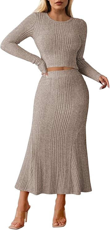 Pink Queen Ribbed Knit 2 Piece Dress Set for Women Fall Long Sleeve Crop Top with High Waist Skirt Set Cocktail Party Outfits
