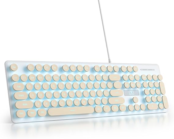 Typewriter Keyboard 104-key Punk Gaming Retro Keyboard LED Ice Blue Backlit Cute Keyboard with Wired USB Suitable for PC/Win/Mac/Laptop Computer Keyboard (Khaki)