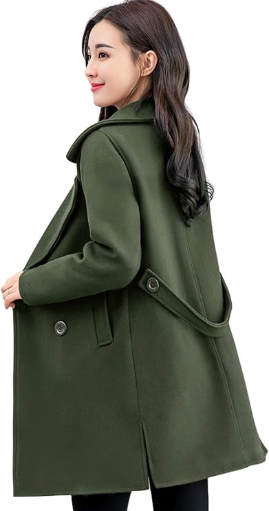 chouyatou Women's Elegant Lapel Collar Double Breasted Wool Blend Pea Coat with Belt