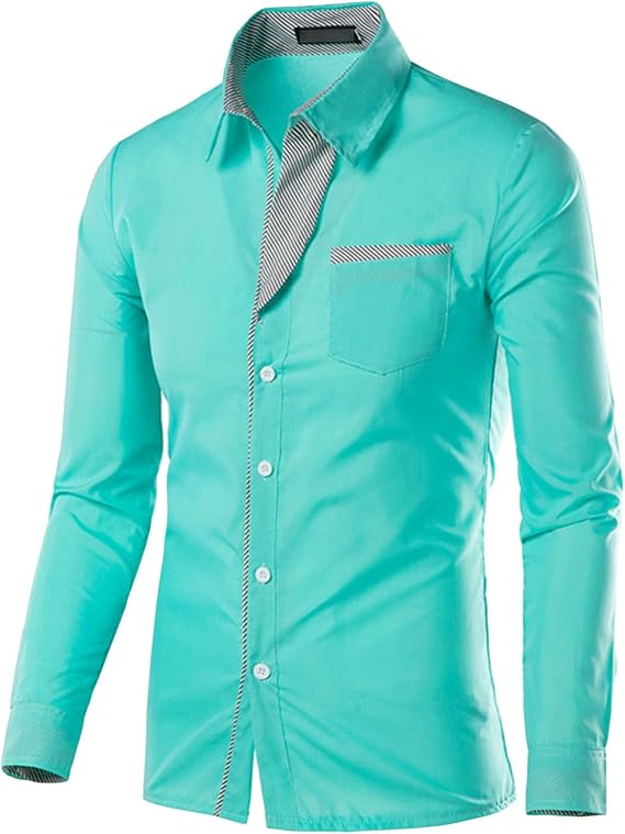 DGHM-JLMY Men Fashion Contrast Striped Decorative Shirt Plaid Collar Button Shirt Casual Cotton Long Sleeve Dress Shirt (Green,Large)