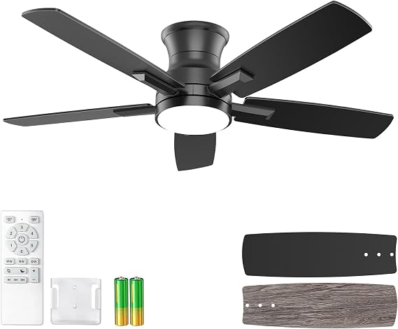 YUHAO 42 Inch Flush Mount Black Ceiling Fan with Light and Remote Control.Noiseless,Dimmable,3CCT,6 Speeds Reversible, Low Profile DC Ceiling Fans for Indoor or Covered Outdoor Use,ETL Listed