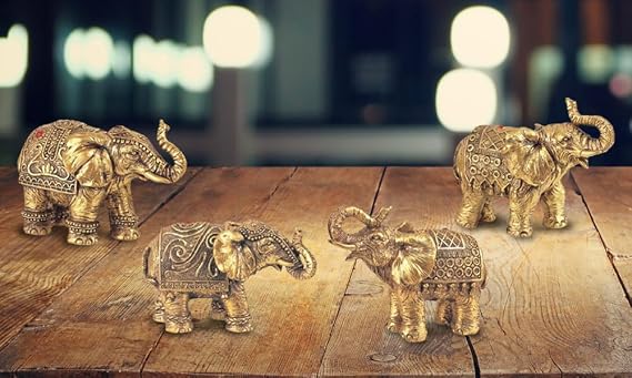 4-PC Gold Miniature Thai Elephant in Different Poses3 H Figurine Set Statue Home/Room Decor Ideas for House Warming, Holidays and Birthdays Great Collectible Addition