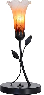 Bieye L10787 Lily Flower Tiffany Style Blown Glass Bedside Table Lamp with USB Ports 4 inches Wide Lampshade for Living Room Bedside Home Decoration, 11.5 inches Tall