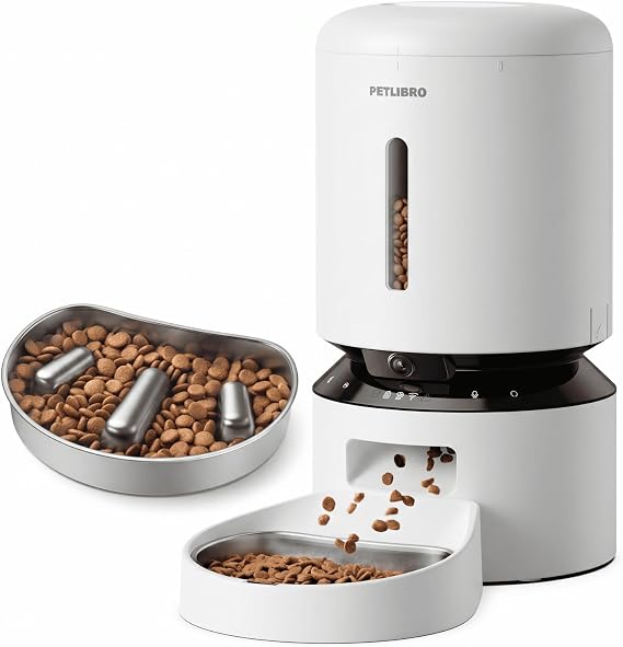 PETLIBRO Camera Cat Feeder and Stainless Steel Slow Feeder Bowl Bundle, 5L White