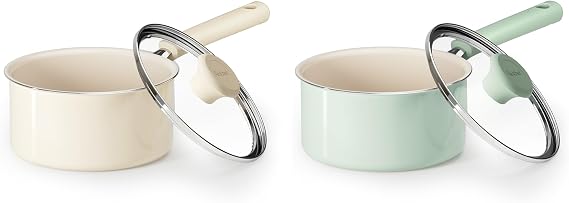 Redchef Ceramic Nonstick Saucepan with Lid, Small Cooking Pot, Non Toxic Sauce Pans for Kitchen, Cool Handle PFAS Free Compatible with All Cooktops, (White Green1.5QT)