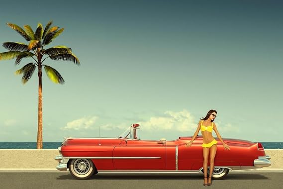 Sexy Young Woman Leaning on Old Fashioned Cadillac Convertible Beach Photo Photograph Cool Wall Art Print Poster 36x24