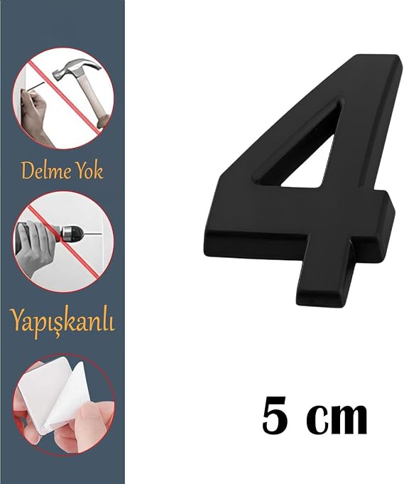 Kapı Numarası Yapışkanlı Küçük Boy 50 mm 5 cm Numara 4 Rakam Dört Sayı Siyah Renk Numaralar 1 Adet
