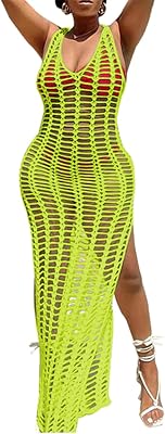 Crochet Coverups for Women Swimsuit Long Mesh Bikini Beach Hollow Cover Up Dress Sleeveless for Swimwear