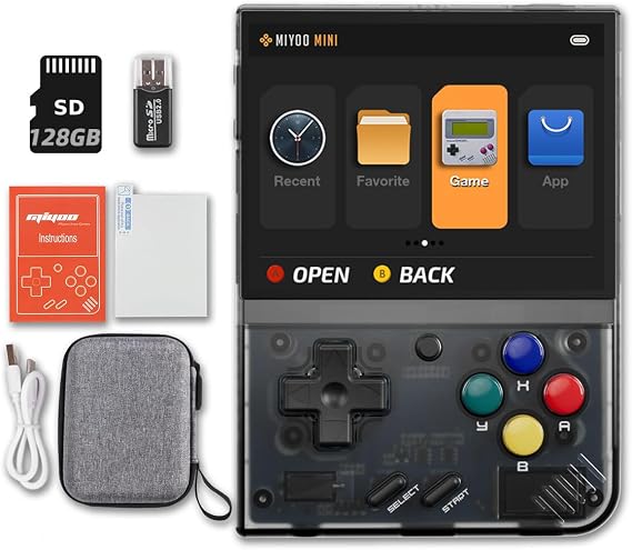 Miyoo Mini Plus 3.5 inch Handheld Game Console with Portable Case Transparent Black 128GB