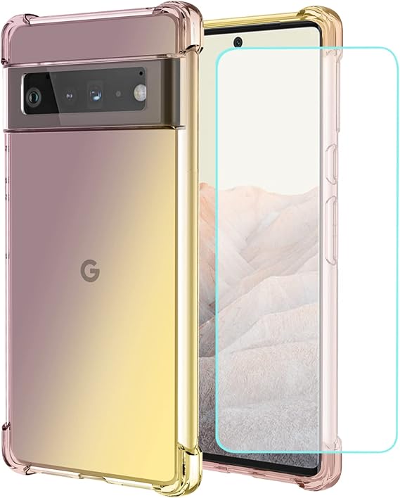 Google Pixel 6用ケース 2枚パック 強化ガラススクリーンプロテクター キュート クリアグラデーション スリム 耐衝撃 ソフト フレキシブル TPU バックフォン 保護カバー Google Pixel 6用 ブラック/ゴールド