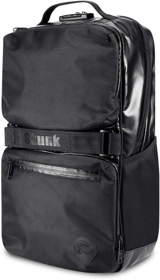Skunk SoHo Backpack - Smell Proof - Weather Resistant - With Combination Lock (Black/Black Leather)