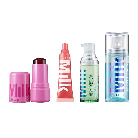 Milk Makeup Travel Essentials Bundle Hydrating & Long-Lasting Makeup Supplies Includes Primer, Set Spray, Lip Tint, Balmade Lip Balm
