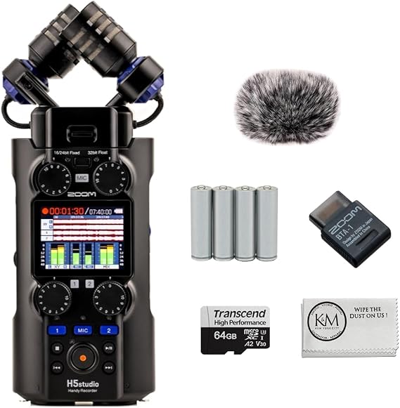 Zoom H5studio Handy Recorder Bundle BTA-1 Bluetooth Adapter + 64GB microSDXC Memory Card + Furry Wind Screen + 4 Pack AA Batteries + Cleaning Cloth (6 Items)