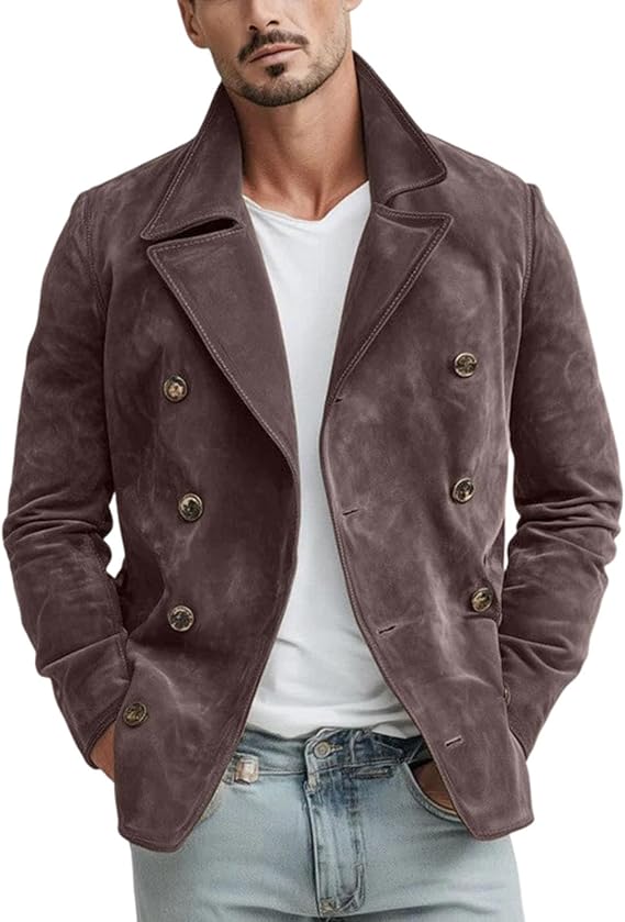 Men's Suede Jacket Double Breasted Vintage Coat Casual Autumn Warm