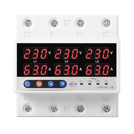 DEWIN Voltage Protector, 3 Phase Din Rail Voltmeter Ammeter AC220V 100A Over Under Voltage Current Limit Relay Protector
