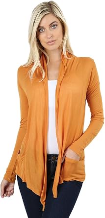 Women's Cardigan Summer Long Sleeve Waterfall Drape Hacci Breathable Solid W/Pocket -Ash Mustard (Medium)