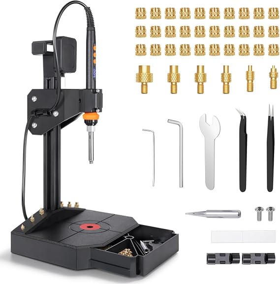 Vertical Heat Set Insert Tool Pressing Machine with 90W Soldering Iron, Heat Set Tips M2-M8, 30PCS Brass Nuts Threaded Inserts for 3D Printed Part