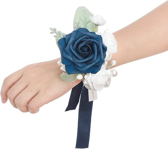 Ling's moment 2pcs Prom Wrist Corsage Artificial Flowers, Girl/Mother Corsages Wristlet Decor for Homecoming/Wedding/Anniversary, etc. Navy Blue