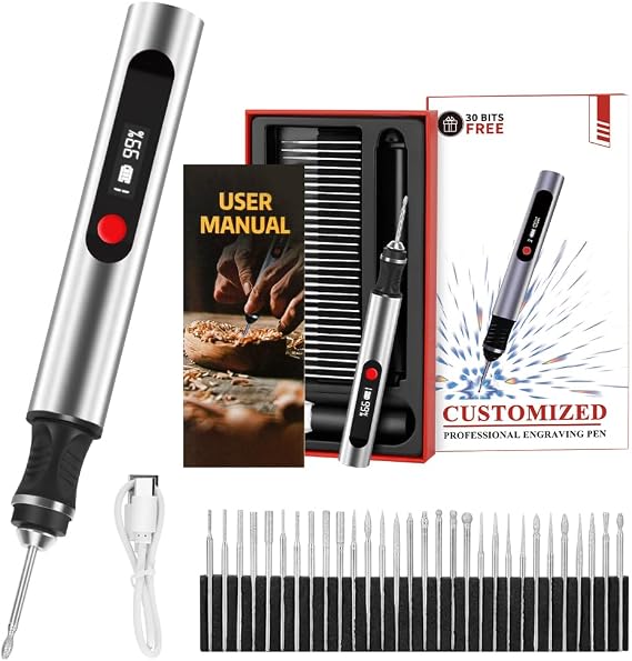 Engraving Pen, Ultimate Cordless Engraving Pen for Artists & DIYers - Engrave 60+ Surfaces - Beginner Friendly- 30 Bits & Mastery Guide (Grey)