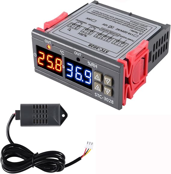 STC-3028 Temperature Controller 12V Temperature and Humidity Controller Meter with Integrated Sensor Dual Digital Display Thermometer Hygrometer Incubator Controller