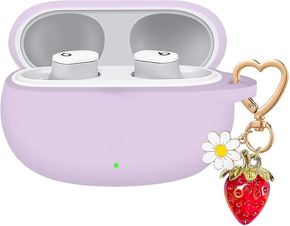 Beats Studio Buds Case/Studio Buds Plus用ケースカバー ソフトシリコンカバー かわいいストロベリーデイジーフラワーチャームキーチェーン Beats Studio Buds+イヤホン充電ケースパープル