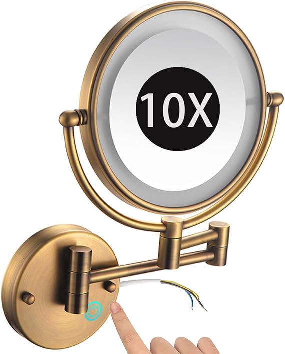 8" Wall Mounted Lighted Makeup Mirror, Hardwired Dimmable Double Sided Magnifying Mirror with Lights, Extended Arm LED Vanity Mirror for Bathroom,Brass,10X