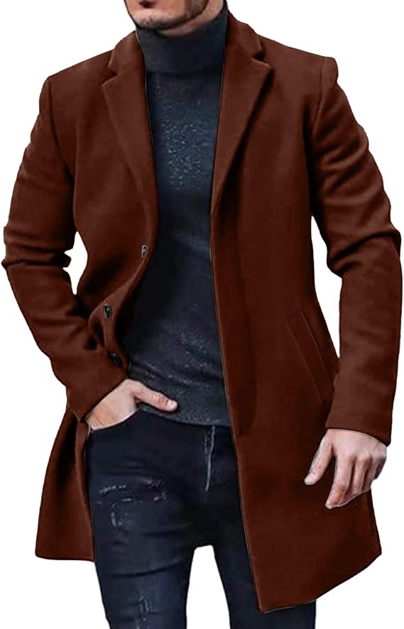 QWENTMTNTY Men's Wool Trench Coat Winter Slim Fit Single-Breasted Peacoat Formal Business Casual Dress Coats Mid Long Jacket