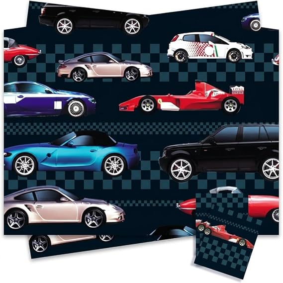 Gift Wrapping Set - 2 Sheets of Gift Wrapping Paper 50cm x 70cm & 2 Tags Sports Car - High Performance – Bundled by GetInStyle Shop