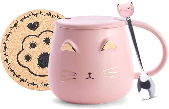 Pink Mug,Ceramic Coffee Mugs,Cute Cat Cup Handmade Tea Cups with Lid and Tea Spoon Kitty Cups,Hot Chocolate Novelty Mugs Christmas Birthday Mother Day Gift for Girls Women (Pink)