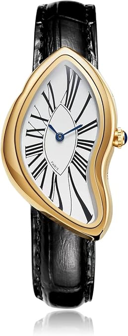 PINTIME Irregular Men's Watch, Gold - Plated Case with Roman Numerals, Black Leather Strap, Unique Artistic Design Wristwatch for Men