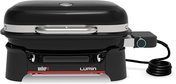 Weber Lumin Compact Portable Electric Grill, Heats Up to 315°C, with Lid Thermometer, Porcelain-Enamelled Cast Iron Grates, 43 x 32 cm Cooking Area, Black (1502012)