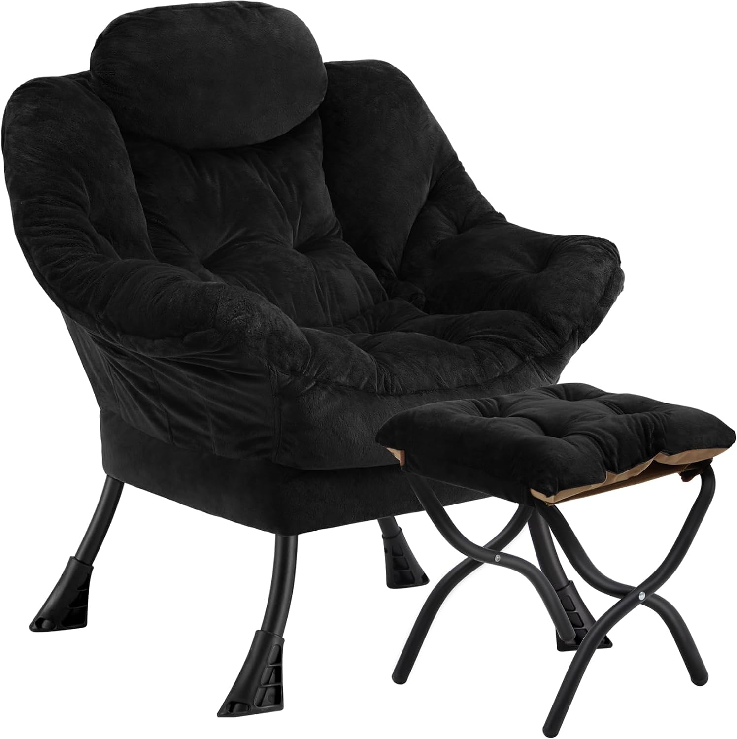 Lazy Chair with Folding Ottoman Leisure Sofa Chair Soft Cloth Armchair with Armrest and Side Pockets Reading Chair with Footrest for Living Room Bedroom Office Plush Black