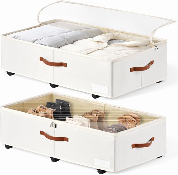 60L Large Under Bed Storage with Wheels Pack of 2, Underbed Shoe Container Bin with Clear Lid Cover, 10.5 Inches Rolling Under Bed Drawer Storage Bag Basket for Boots Quilt Sweater - White