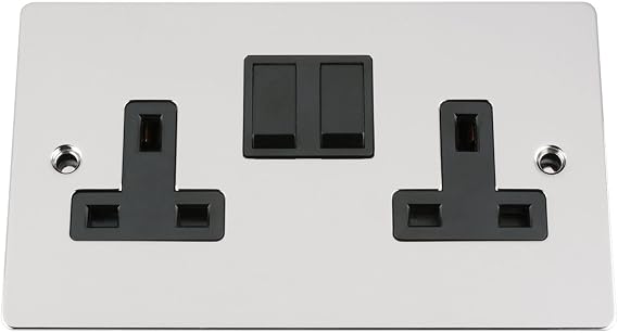 Wall Socket Double / 2 Gang - Polished Chrome Flat - Black Insert Plastic Switch - 13A Double Wall Plug Socket