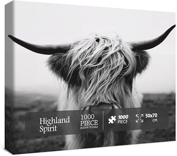 Black White Highland Cow Puzzles for Adults 1000 Pieces, Art Animal Jigsaw Puzzles, Impossible Hard Difficult Challenging Aesthetic Puzzle
