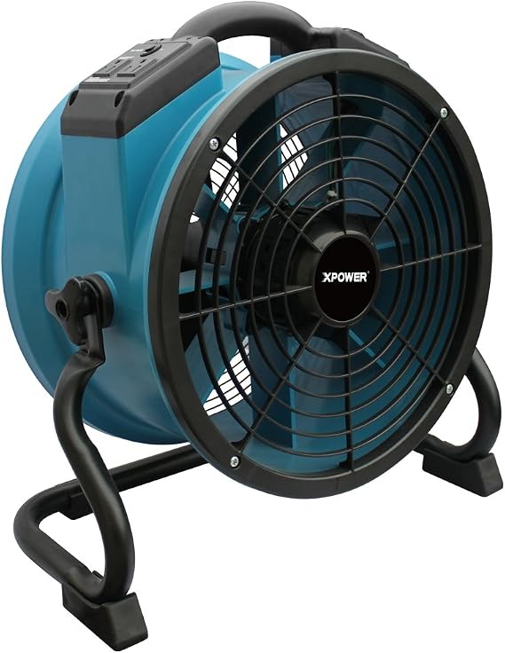 XPOWER X-34AR Variable Speed Sealed Motor Industrial Axial Air Mover, Blower, Fan with Built-in Power Outlets, Blue, 14"