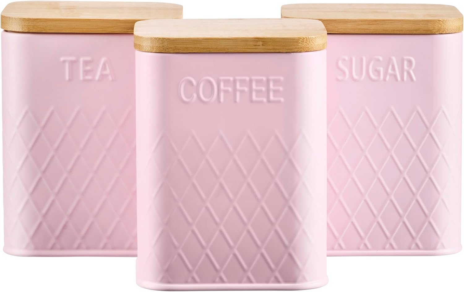 Cooks Professional 3 Piece Tea, Coffee & Sugar Square Cannister Set with Bamboo Lids | Diamond Pattern Labelled Stainless Steel Kitchen Storage Bins Airtight Containers | Pink