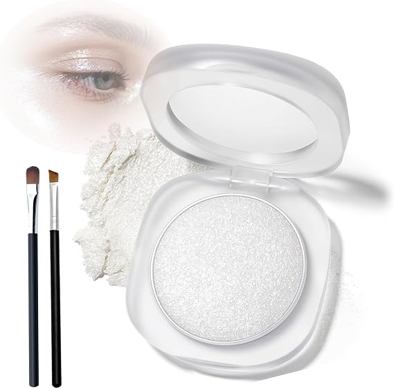 Shimmer Eyeshadow Compact, Silver-White Iridescent Shade, Mirror, 2 Brushes